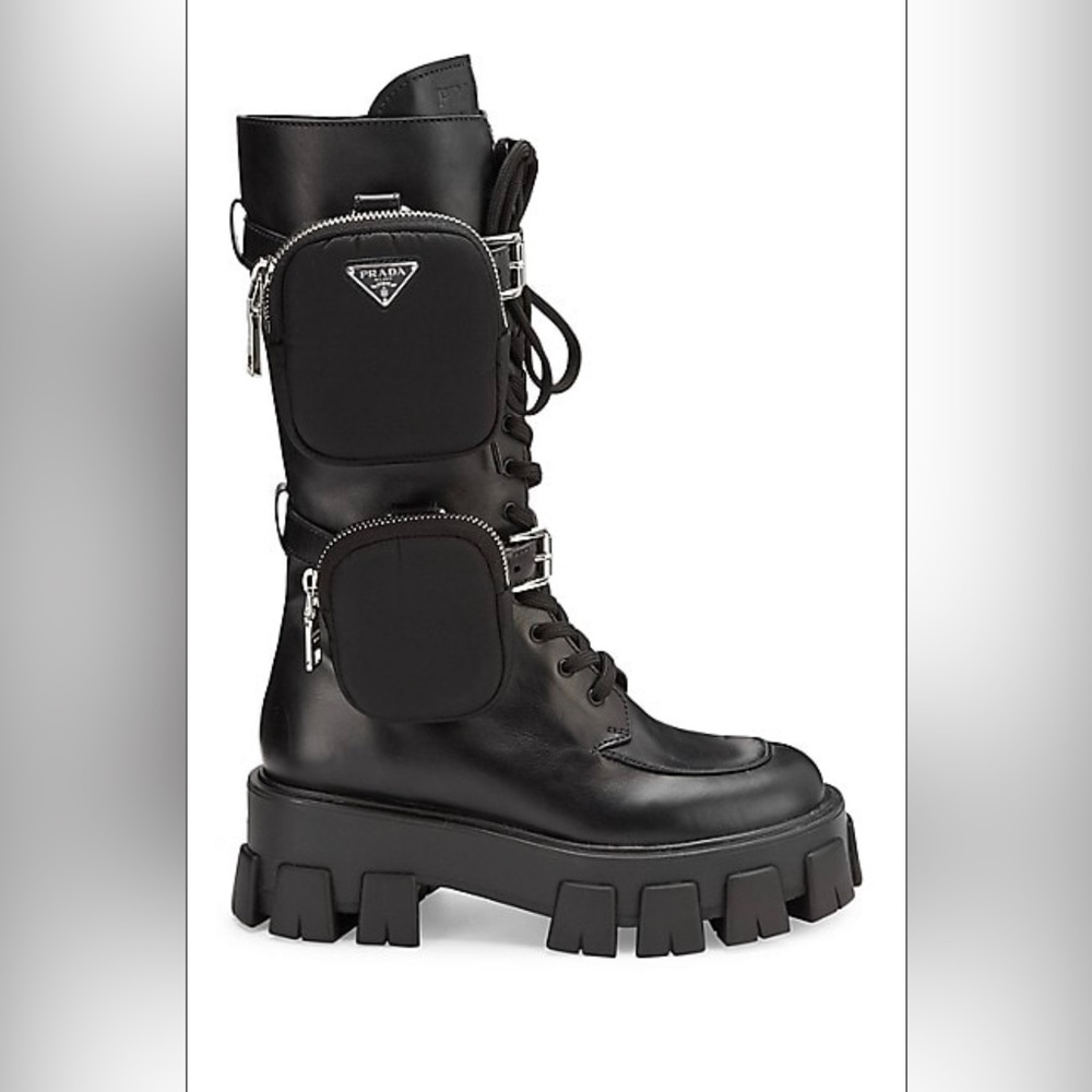 Prada Monolith Lug-Sole Tall Leather Combat Boots 40